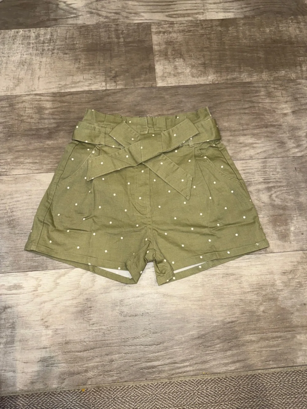 mine Olive Green Polka Dot Paperbag Waist Shorts